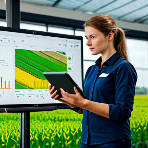 Home 11 A professional female agronomist in modest business casual attire, standing confidently in a state-of-the-art agricultural control center. She holds a tablet displaying real-time drone imagery and soil sensor data. Large interactive screens in the background show detailed maps of lush, healthy fields. The scene emphasizes data-driven decision making and advanced technology in farming. fully clothed, appropriate attire, safe for work, appropriate content, professional, perfect anatomy, correct proportions, natural pose, well-formed hands, proper finger count, natural body proportions, high quality, professional photography, natural lighting.