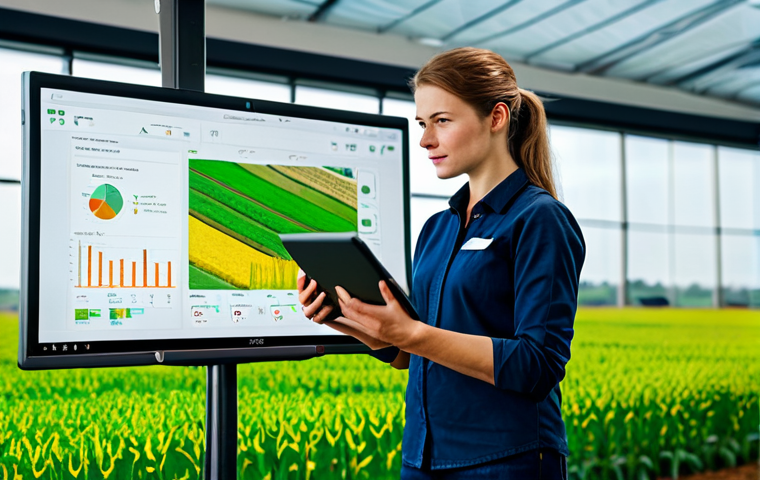 A professional female agronomist in modest business casual attire, standing confidently in a state-of-the-art agricultural control center. She holds a tablet displaying real-time drone imagery and soil sensor data. Large interactive screens in the background show detailed maps of lush, healthy fields. The scene emphasizes data-driven decision making and advanced technology in farming. fully clothed, appropriate attire, safe for work, appropriate content, professional, perfect anatomy, correct proportions, natural pose, well-formed hands, proper finger count, natural body proportions, high quality, professional photography, natural lighting.