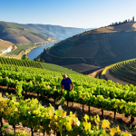 Selective Harvesting in Douro Valley**

"A skilled agricultural worker in appropriate attire carefully harvesting ripe grapes from a vineyard in the Douro Valley, Portugal. Rolling hills and the Douro River are visible in the background. The worker is selecting only the most perfectly ripe grapes. Focus on the quality of the grapes and the precision of the harvest. Safe for work, appropriate content, fully clothed, professional photography, perfect anatomy, natural proportions, family-friendly."

**