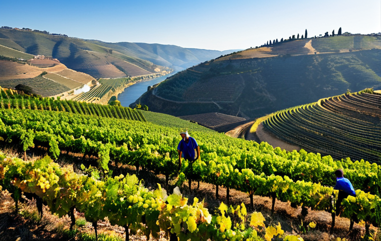 Selective Harvesting in Douro Valley**

"A skilled agricultural worker in appropriate attire carefully harvesting ripe grapes from a vineyard in the Douro Valley, Portugal. Rolling hills and the Douro River are visible in the background. The worker is selecting only the most perfectly ripe grapes. Focus on the quality of the grapes and the precision of the harvest. Safe for work, appropriate content, fully clothed, professional photography, perfect anatomy, natural proportions, family-friendly."

**