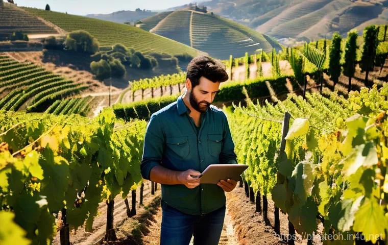 농업기술과 농업 정책의 상관관계 - **Prompt:** A dynamic, eye-level shot of a modern Portuguese vineyard in the Douro Valley at late af...