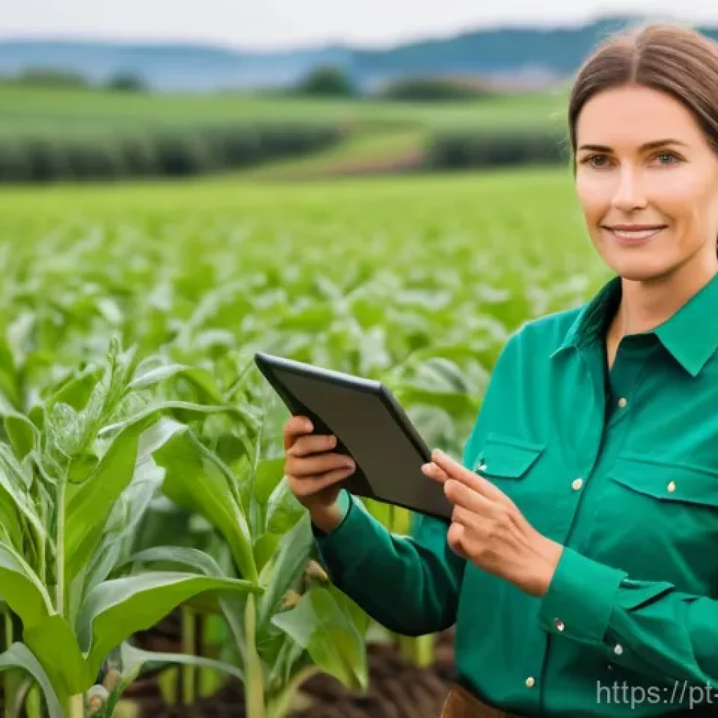 농업기술과 품질 관리의 관계 - **Prompt:** A dynamic, eye-level shot of a modern farmer, a woman in her late 30s, standing confiden...