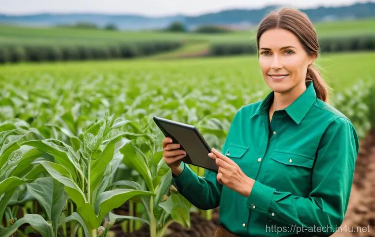 농업기술과 품질 관리의 관계 - **Prompt:** A dynamic, eye-level shot of a modern farmer, a woman in her late 30s, standing confiden...