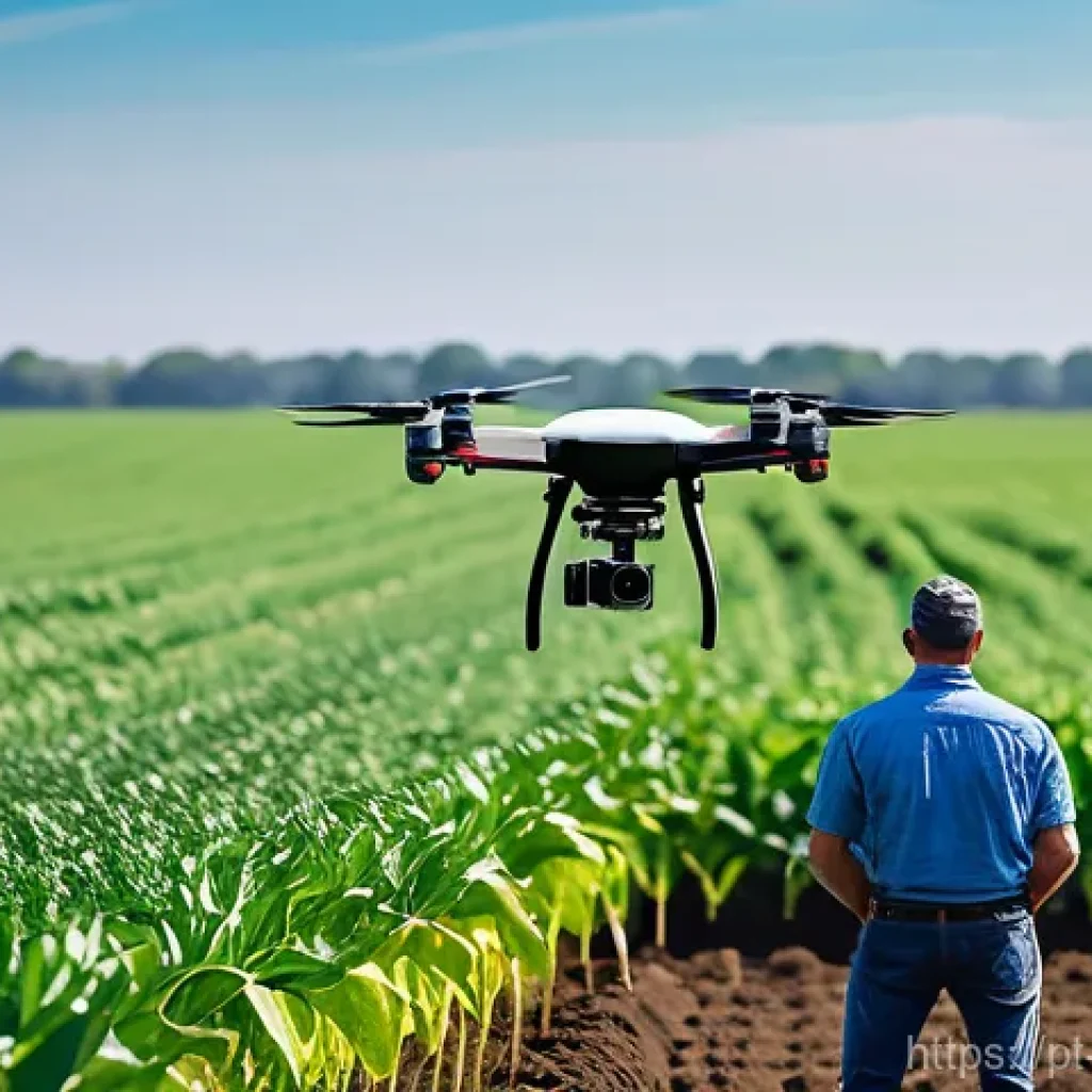 농업기술 현장에서의 안전 관리 - **Modern Farmer Overseeing Drone Surveillance in a Vast Field**
    A wide shot of a large, vibrant ...