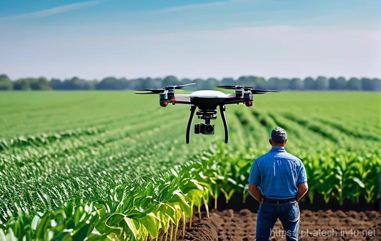 농업기술 현장에서의 안전 관리 - **Modern Farmer Overseeing Drone Surveillance in a Vast Field**
    A wide shot of a large, vibrant ...