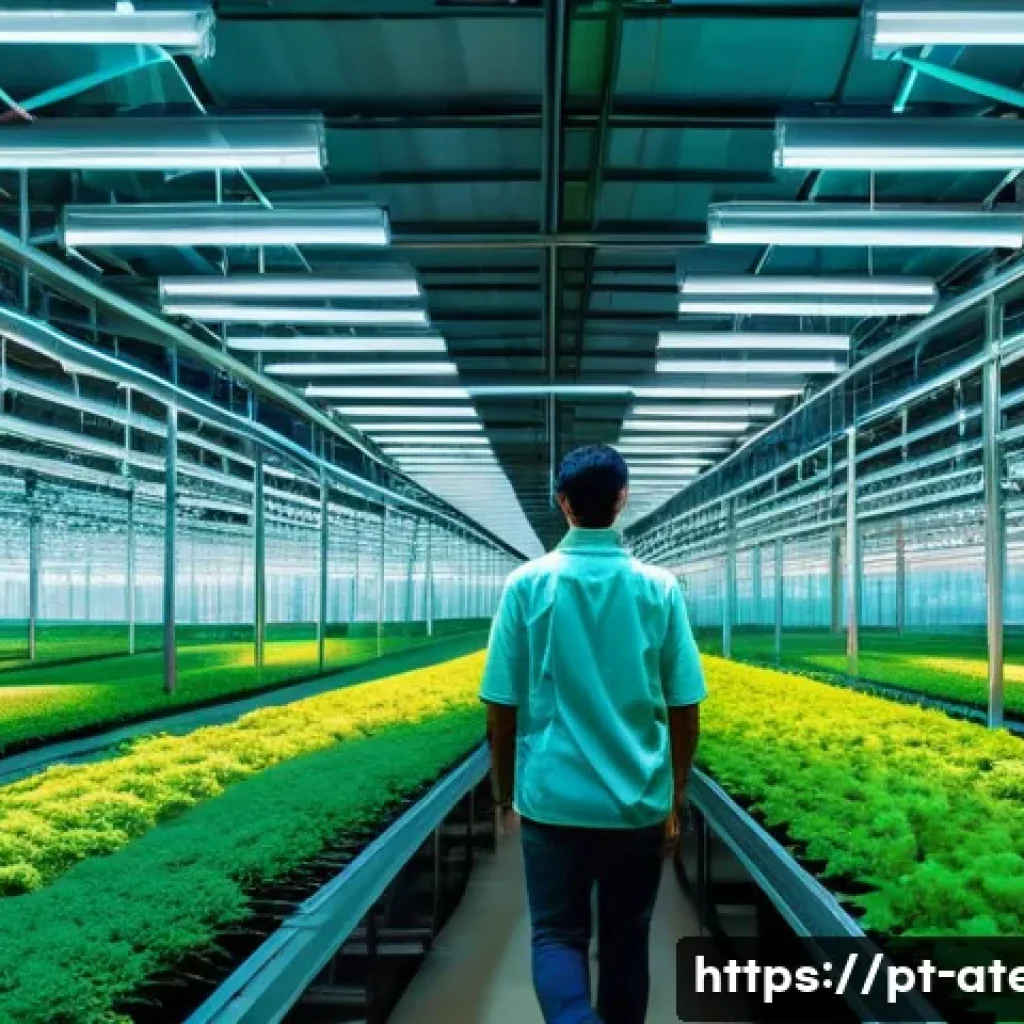 농업기술과 온실 관리 자동화 사례 - A modern greenhouse interior filled with rows of lush green plants under programmable LED lights, eq...
