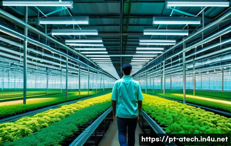 농업기술과 온실 관리 자동화 사례 - A modern greenhouse interior filled with rows of lush green plants under programmable LED lights, eq...