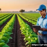Home 22 농업기술에서의 데이터 분석 활용 - A modern agricultural field at sunrise with smart soil sensors placed near crops, showing detailed s...