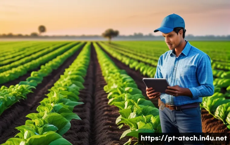 농업기술에서의 데이터 분석 활용 - A modern agricultural field at sunrise with smart soil sensors placed near crops, showing detailed s...