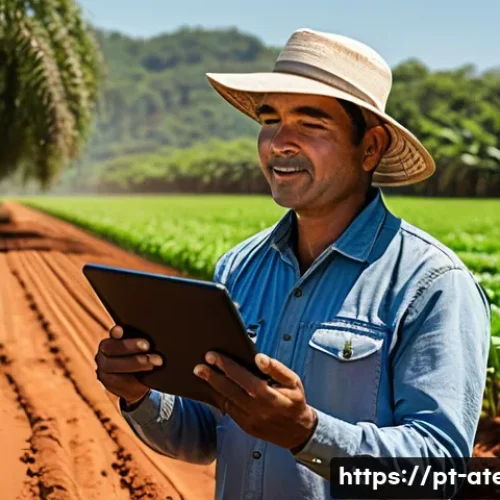 Home 33 농업기술 프로젝트 관리 사례 - A detailed scene of a Brazilian smallholder farmer in a sunlit field, surrounded by diverse tropical...