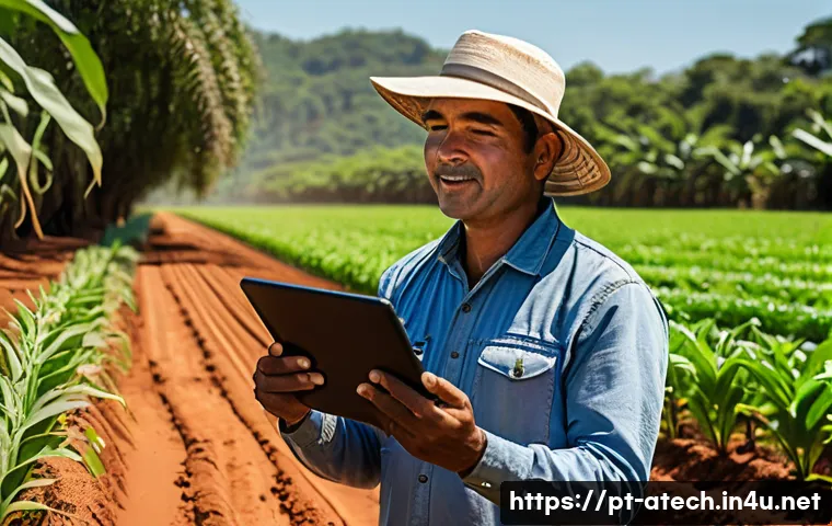 농업기술 프로젝트 관리 사례 - A detailed scene of a Brazilian smallholder farmer in a sunlit field, surrounded by diverse tropical...