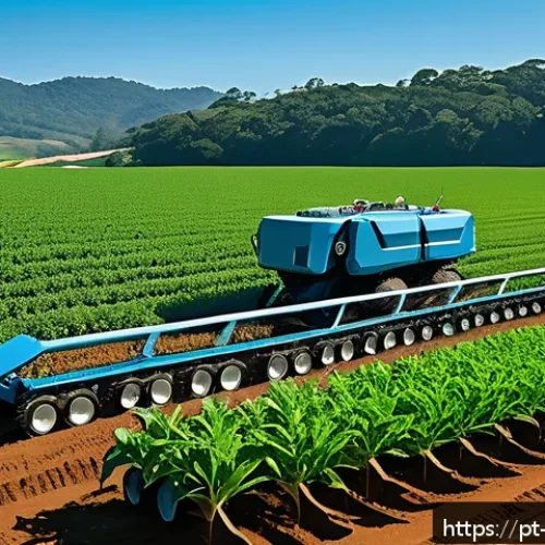 Home 32 농업기술과 수익성 높은 작물 선정 - A modern Brazilian farm field with advanced agricultural robots planting soybean seeds precisely in ...