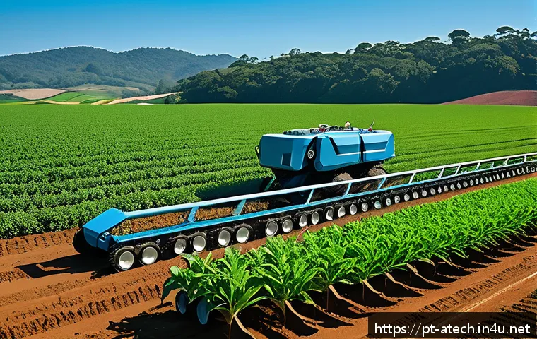 농업기술과 수익성 높은 작물 선정 - A modern Brazilian farm field with advanced agricultural robots planting soybean seeds precisely in ...