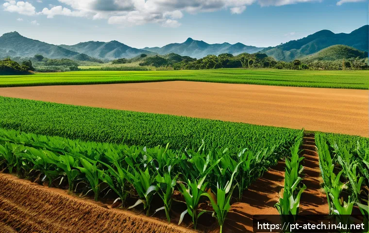 농업기술과 바이오 기술 융합 사례 - A vibrant Brazilian agricultural field under a clear blue sky, showcasing genetically edited drought...