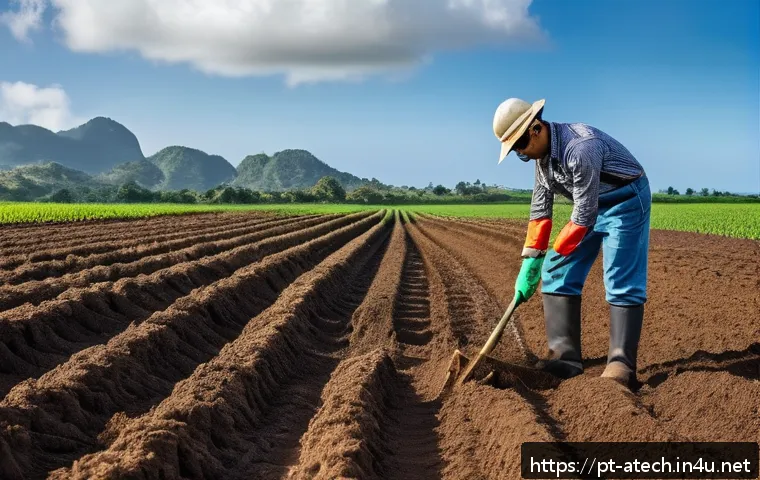 농업기술 실기 시험 준비법 - A detailed agricultural field scene in Brazil during daylight, showcasing a farmer wearing appropria...