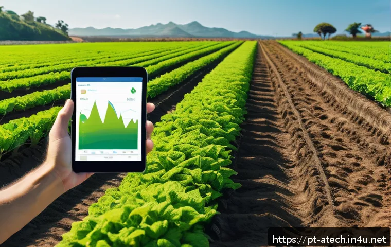 농업기술과 지속 가능성 실현 사례 - A modern Brazilian farm landscape featuring advanced IoT sensors installed in the soil and on plants...